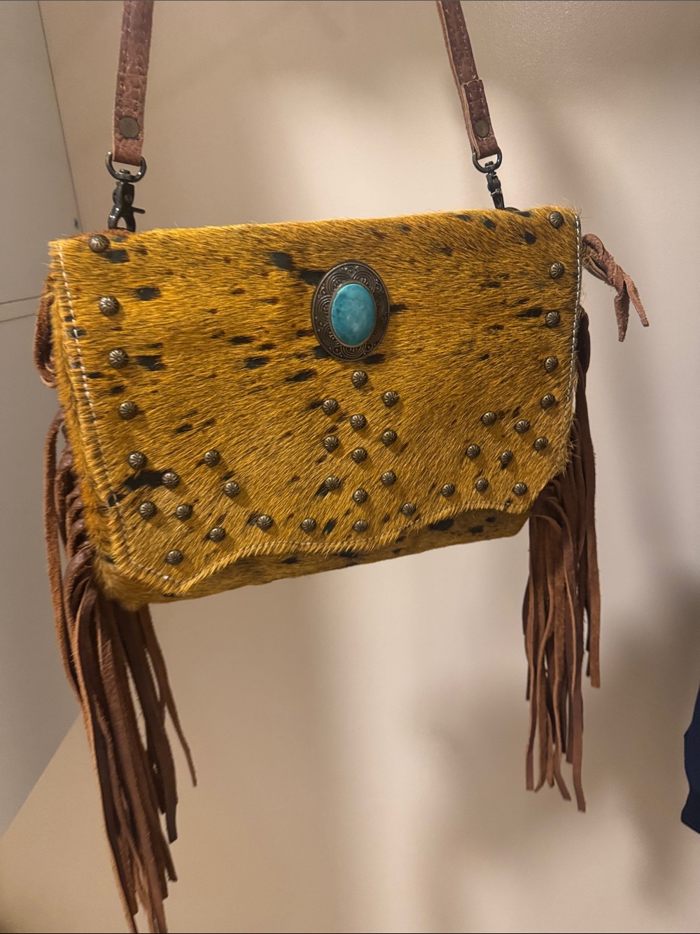 American Darling Yellow Haircalf Fringe Crossbody with Turquoise Concho